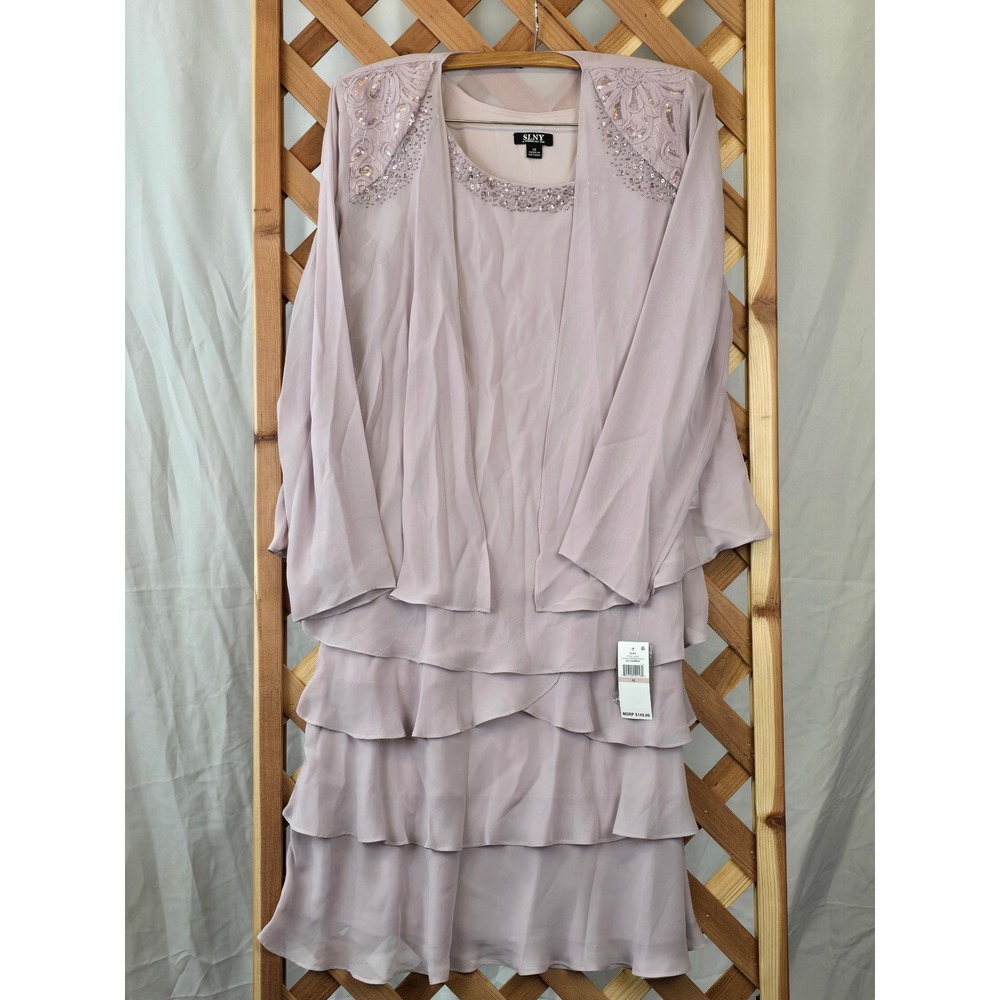 SLNY 2-Piece Tiered Cape Dress Women Size 12 Lavender Frost‎ Beaded -NWT
